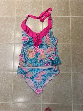 Lilly Pulitzer Tropical Tankini in Blue with Hot Pink Ruffle